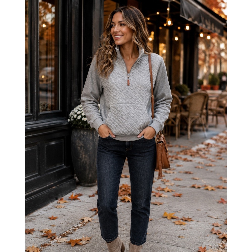 Women Medium Gray Quilted Quarter Zip Pullover Cozy Fall Athleisure Sweatshirt